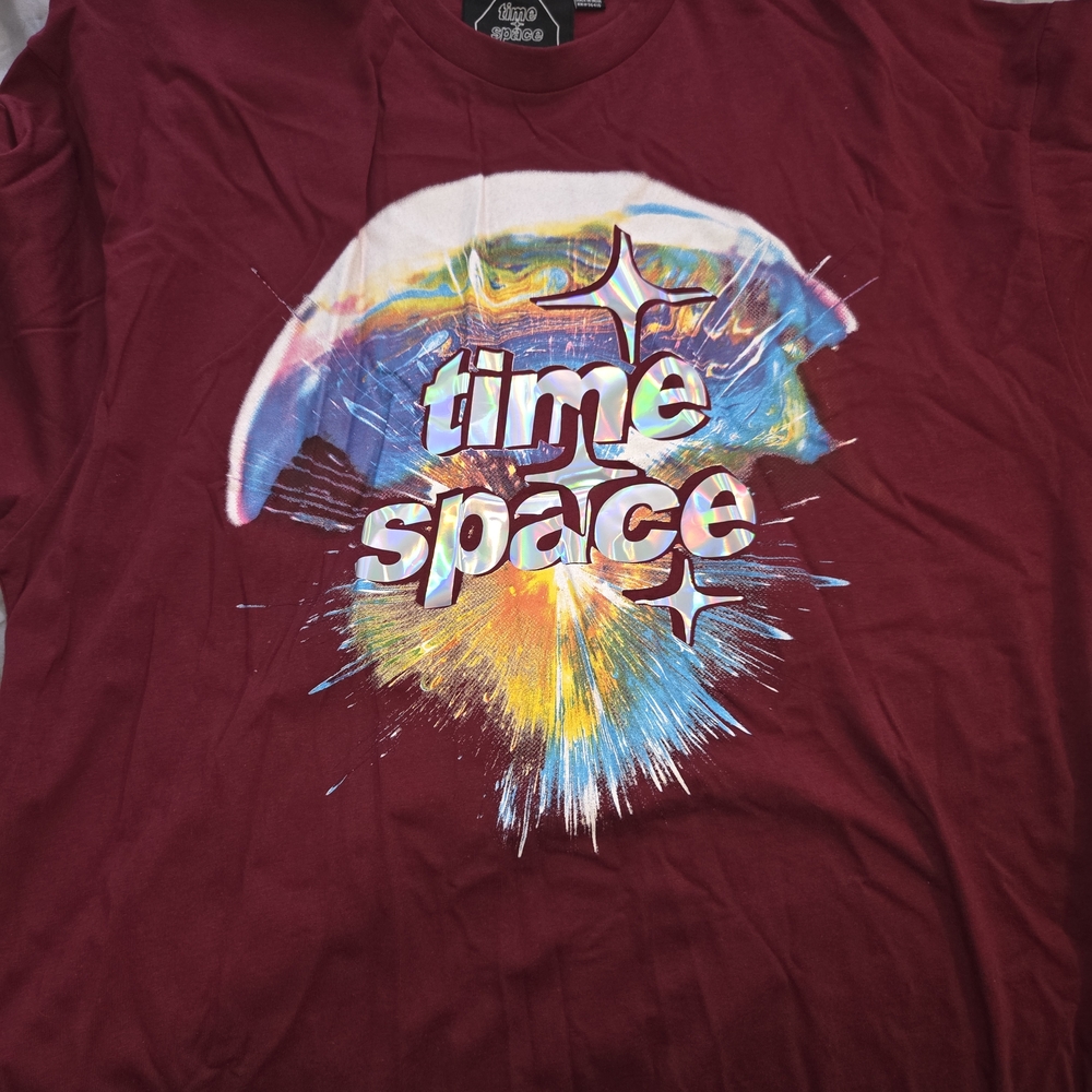 Time & Space Graphic Tee – XL – Maroon Cosmic Burst Design